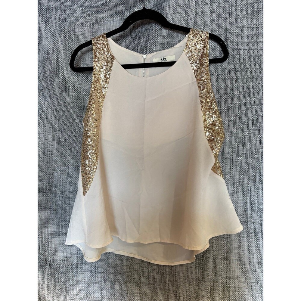 Ya Los Angeles cream sleeveless blouse featuring gold sequin panels